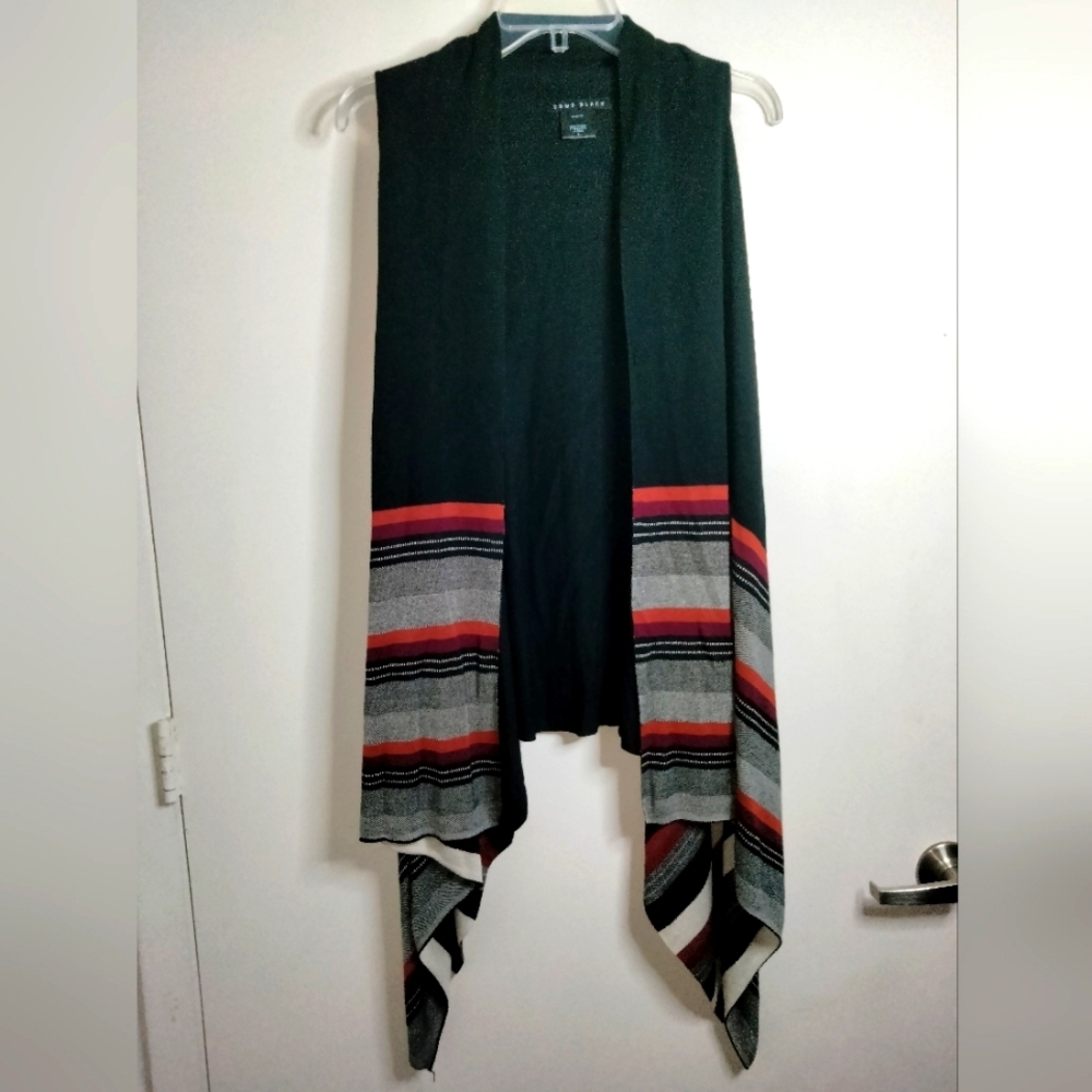 Como Black (Size L) Black & Multicolor Striped Pattern Knit Open Cardigan Vest